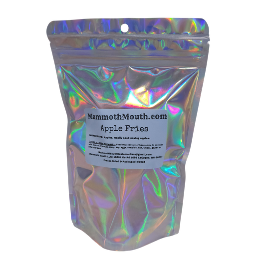 Holographic bag with 'MammothMouth.com Apple Fries' listing ingredients