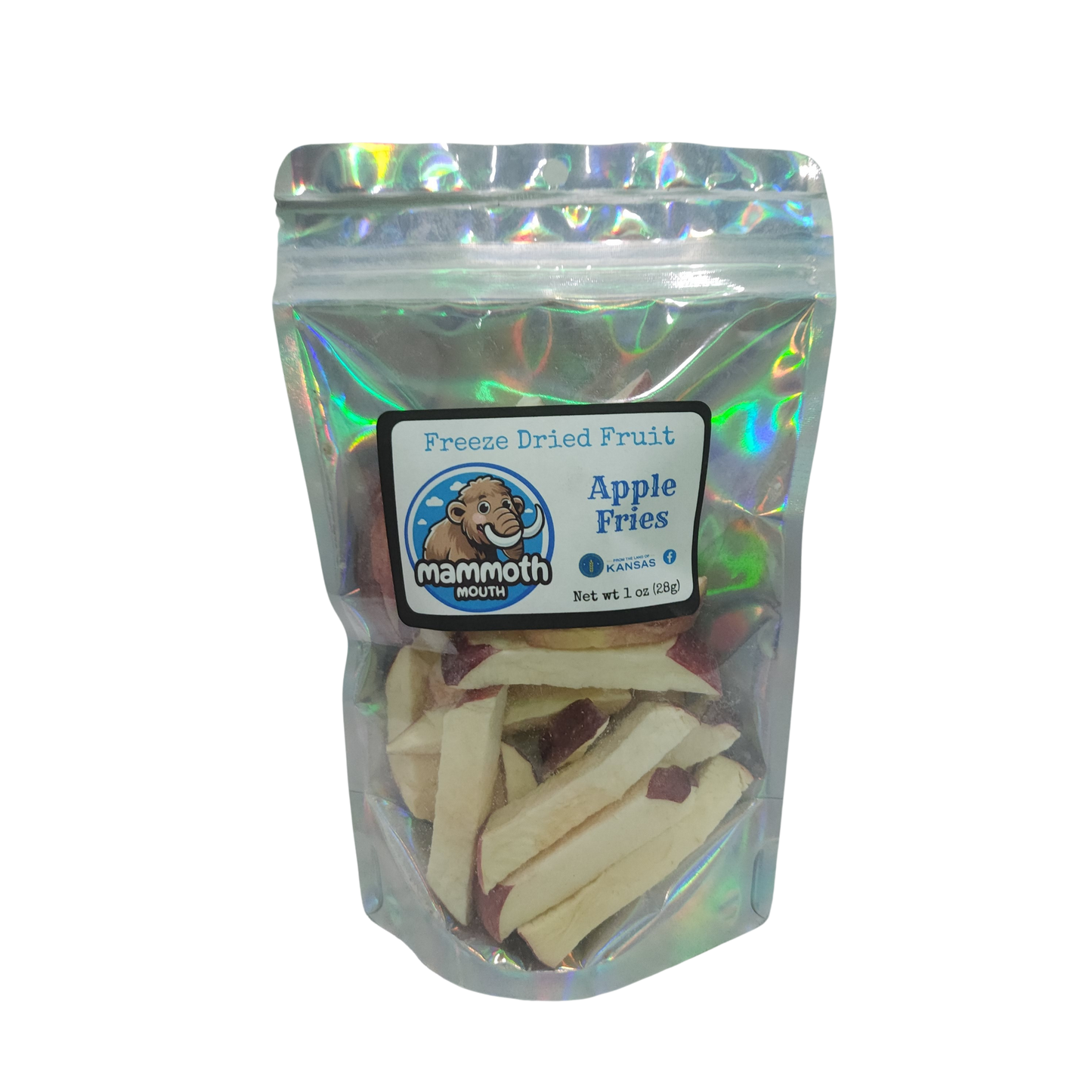 Packaged freeze-dried apple fries with Mammoth Mouth logo