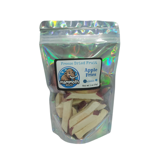 Packaged freeze-dried apple fries with Mammoth Mouth logo