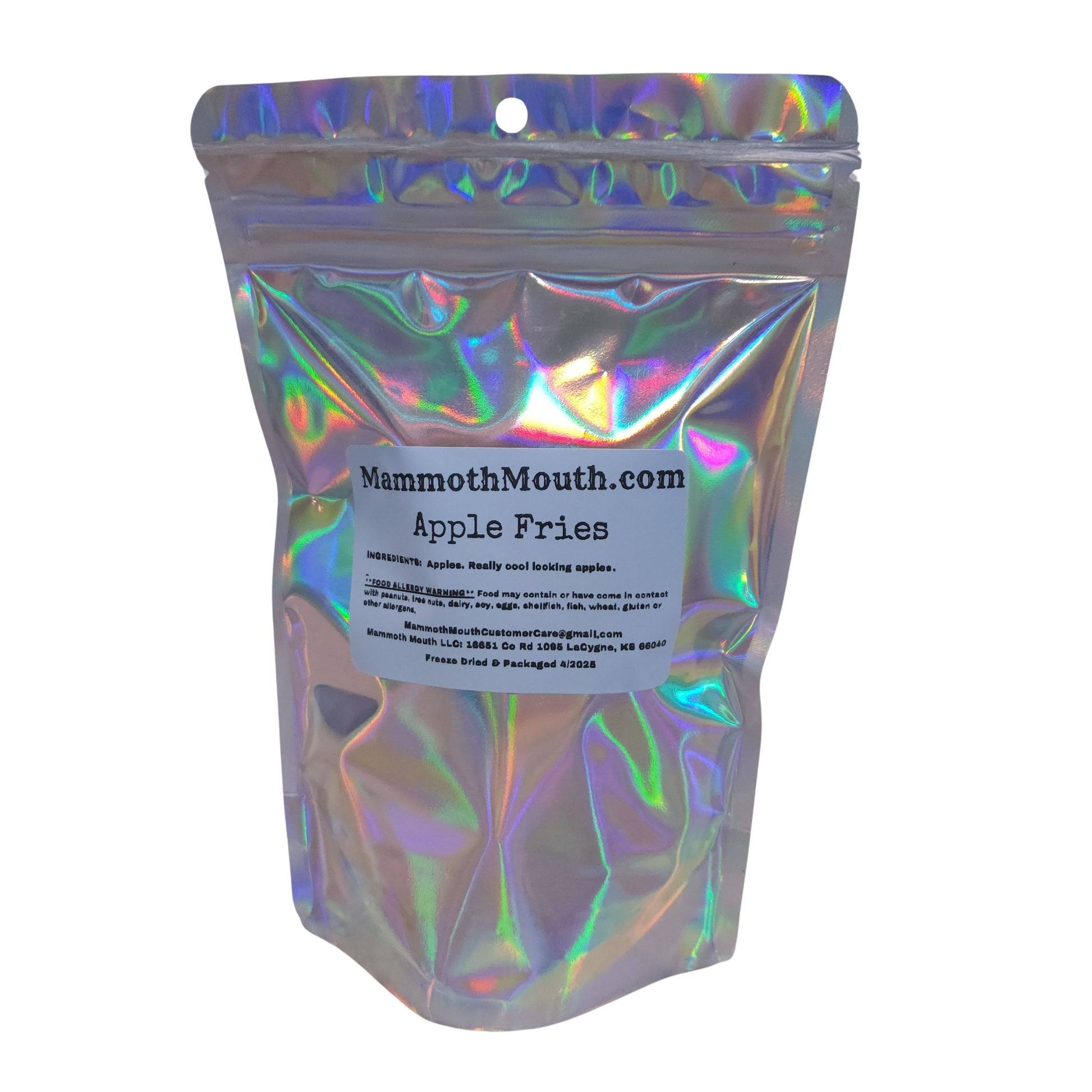 Holographic bag with 'MammothMouth.com Apple Fries' listing ingredients